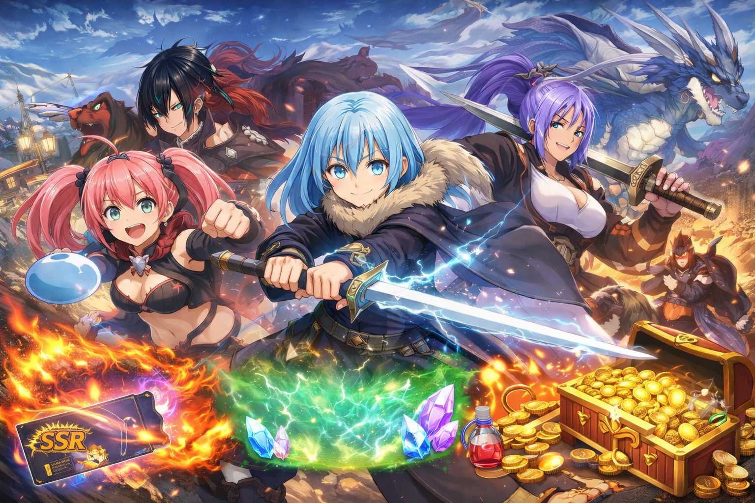 魔王リムル、ミリム、ギィが並ぶまおりゅう最強キャラのコラージュ。炎の背景が戦闘と加護のトップランキングを象徴。